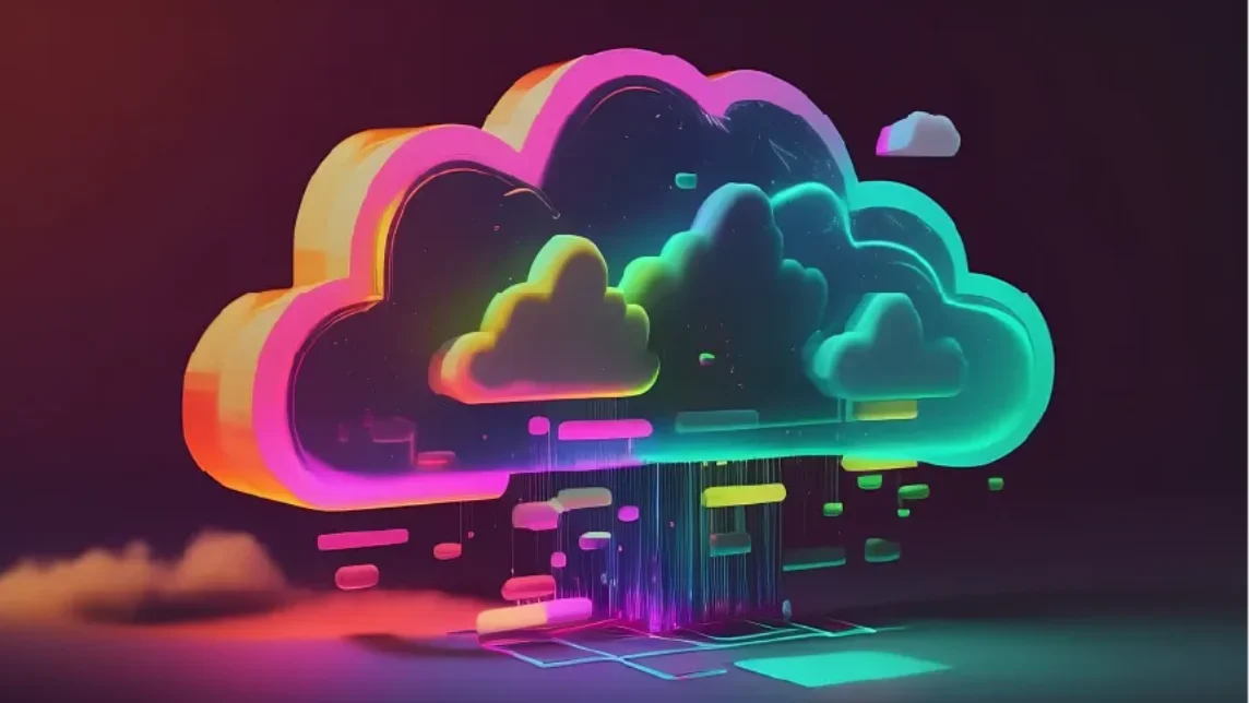 A large, colourful cloud icon with neon hues hovers above glowing digital lines and rectangular shapes, symbolising cloud computing and data exchange in a vibrant, futuristic style.