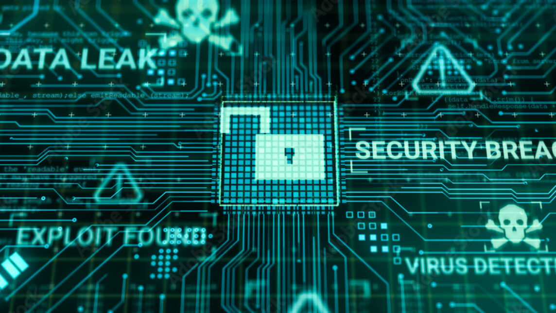 A digital interface showing a glowing open padlock icon surrounded by warnings such as DATA LEAK, SECURITY BREACH, EXPLOIT, and VIRUS DETECTED, symbolising a cyber security breach.