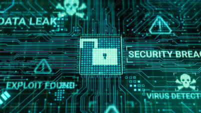 A digital interface showing a glowing open padlock icon surrounded by warnings such as DATA LEAK, SECURITY BREACH, EXPLOIT, and VIRUS DETECTED, symbolising a cyber security breach.