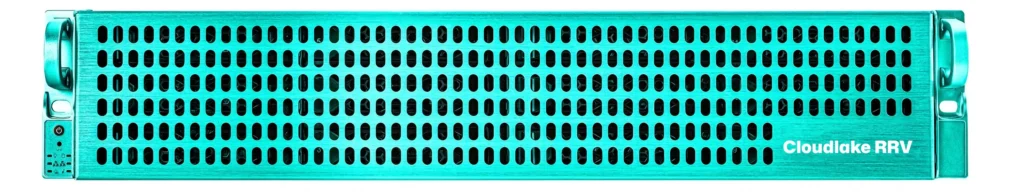 A turquoise server rack unit with ventilation holes, handles on both sides, indicator lights on the left, and the label Cloudlake RRV on the right offers true immutability for secure data management.