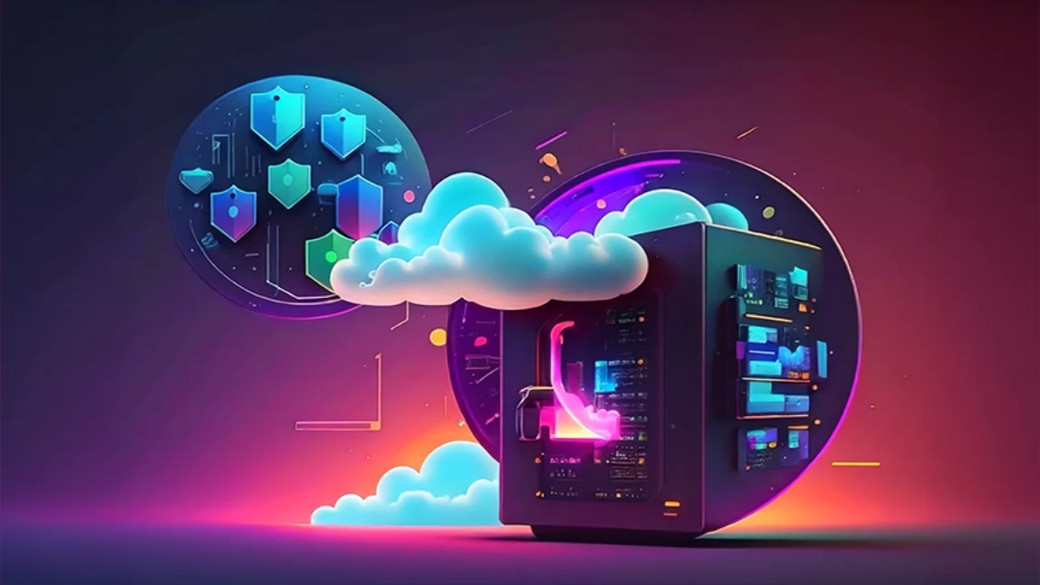 A futuristic digital illustration of a server surrounded by glowing clouds, floating data icons, and shield symbols, representing cloud computing and cyber security in vibrant neon colours.