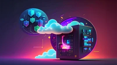 A futuristic digital illustration of a server surrounded by glowing clouds, floating data icons, and shield symbols, representing cloud computing and cyber security in vibrant neon colours.