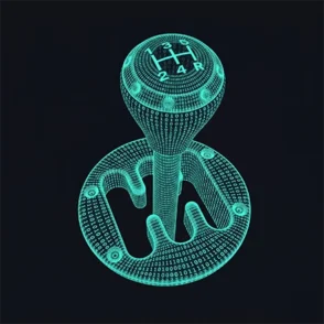 A digital illustration of a car's manual gear stick rendered in glowing green binary code, set against a black background. The gear positions are clearly marked on the gear knob.