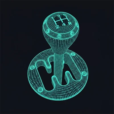A digital illustration of a car's manual gear stick rendered in glowing green binary code, set against a black background. The gear positions are clearly marked on the gear knob.