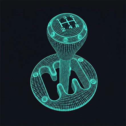A digital illustration of a car's manual gear stick rendered in glowing green binary code, set against a black background. The gear positions are clearly marked on the gear knob.