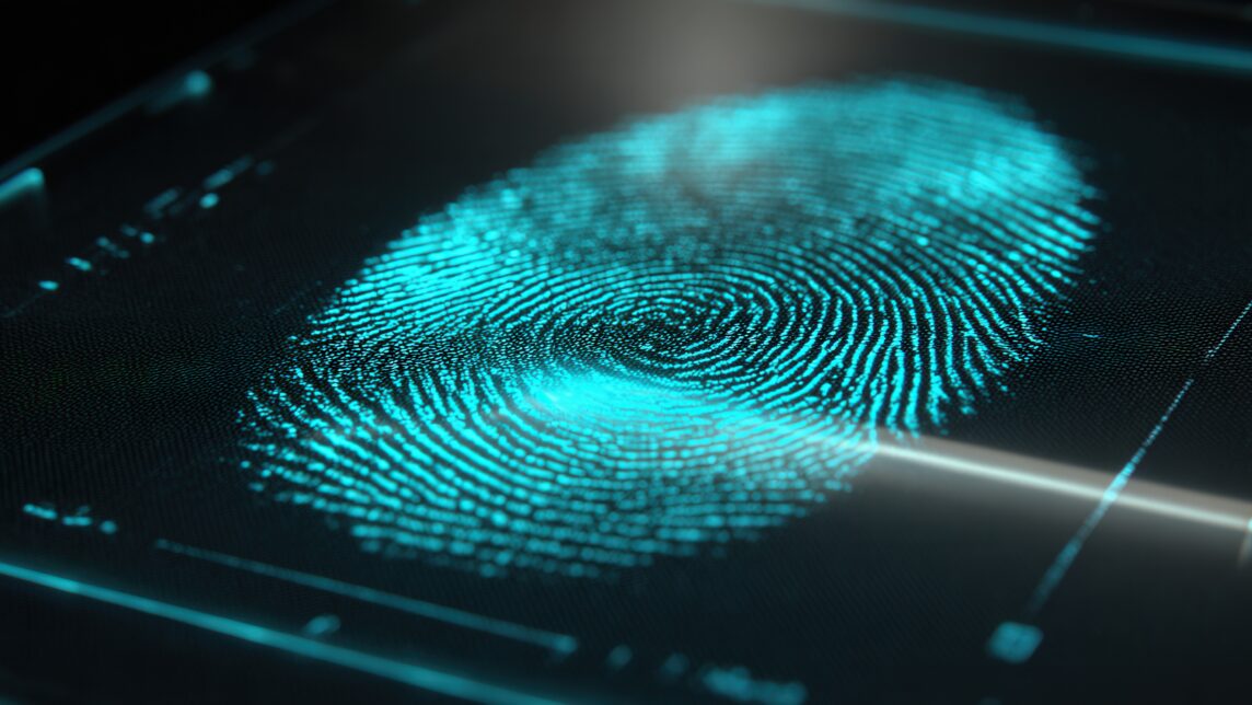 A glowing blue fingerprint displayed on a digital screen, shown in close-up with fine details and a futuristic, high-tech appearance.